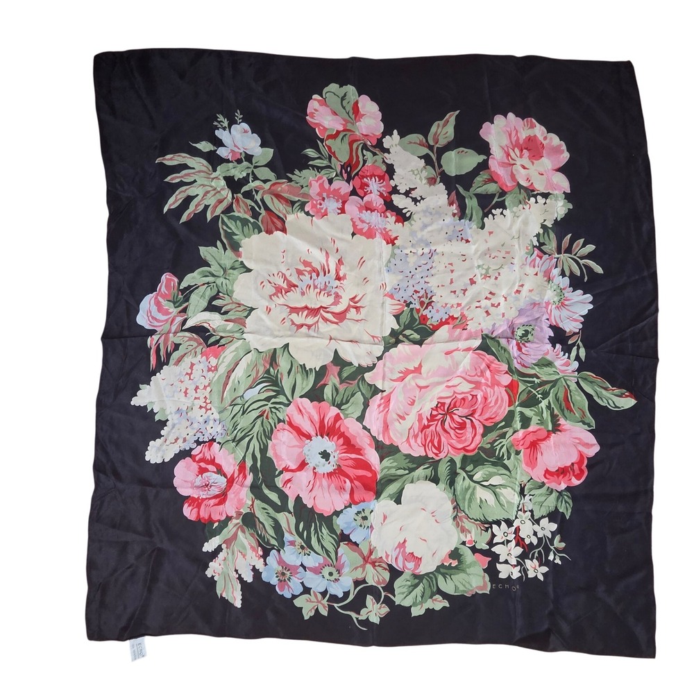 Echo Silk Scarf Floral Peony Rose Square Neckerchief 31x34 Botanical Cottagecore